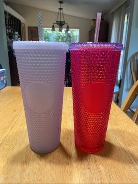 Pair of Starbucks Purple and Pink Studded Cups with Straws NWT